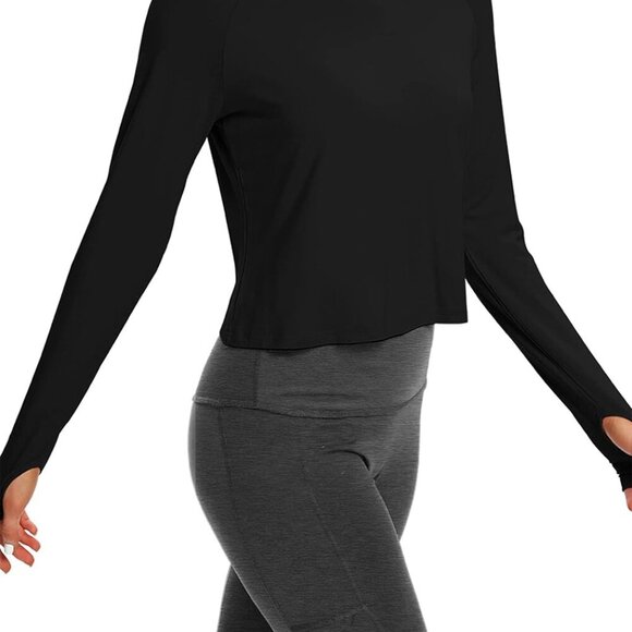 Black women's long sleeve breathable open back yoga top, lightweight, stretchy, - Picture 2 of 5